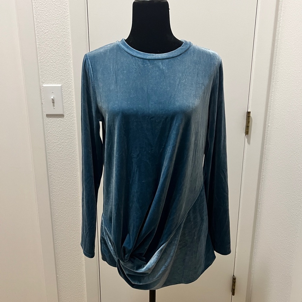 Halogen Velvet Knot-Front Long Sleeve Top | Size Small | Blue
